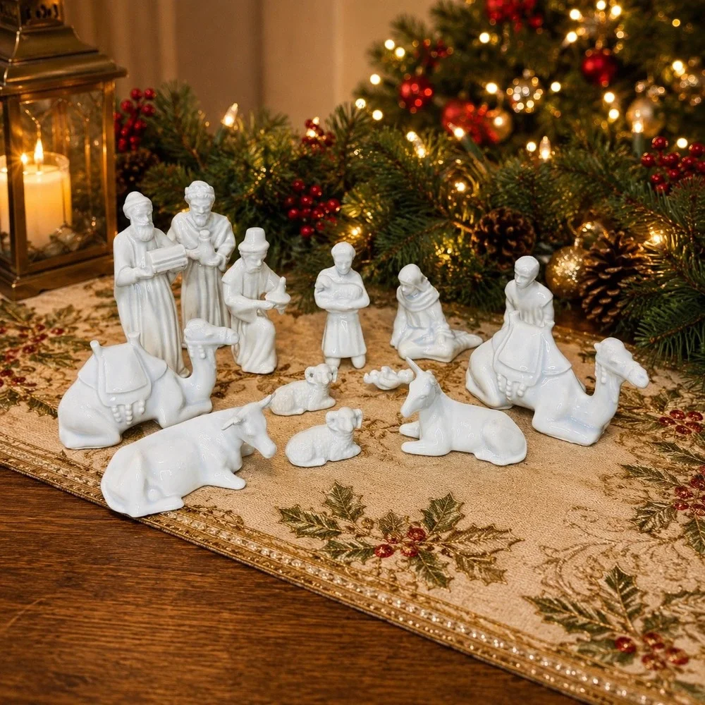 Porcelain Nativity Set of 13 Glossy Christmas Figurines Vintage Handmade Marked
